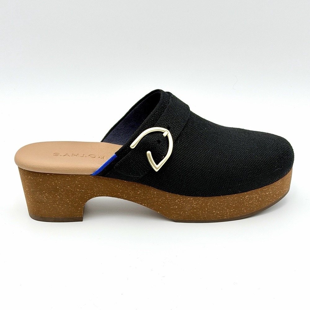 Rothy's The Classic Clog Black Gold Buckle Cork Platform Heel Women's Size 10